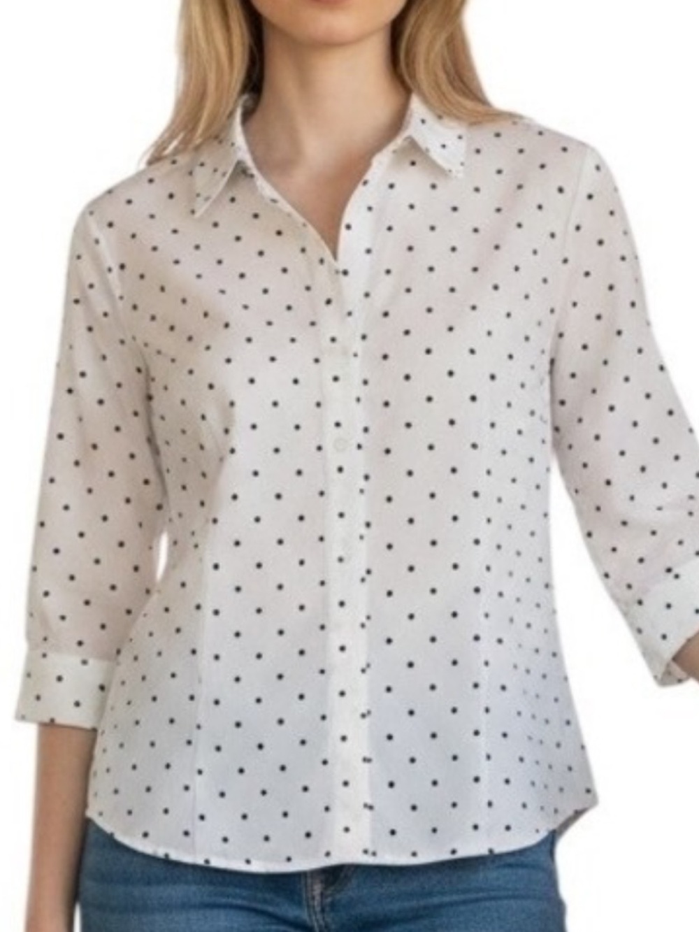 Anne Klein White Button-Down Shirt with Black Polka Dots